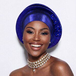 Luxe Royal Blue Gele Elegant Wedding Guest Turban